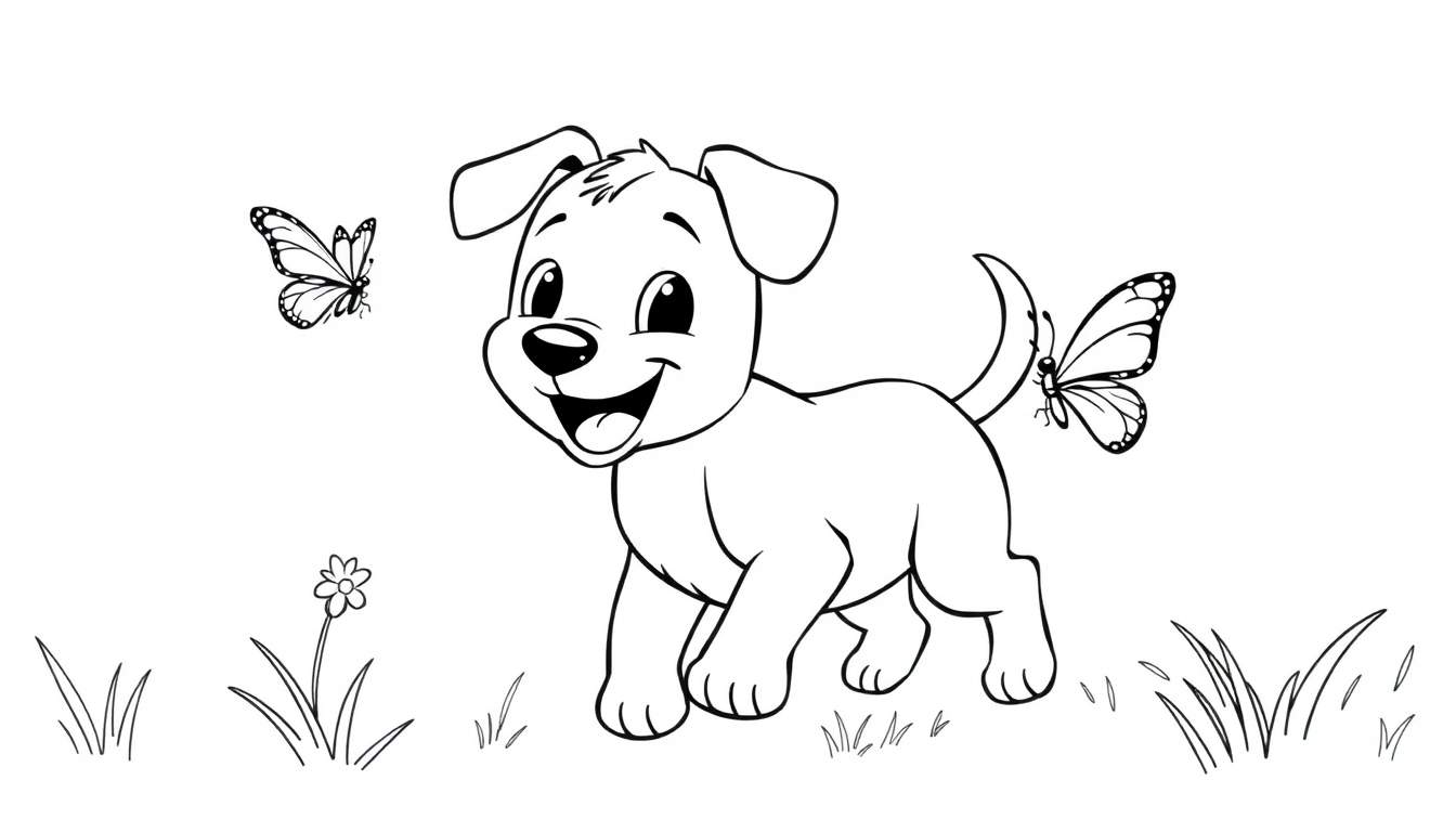 Un cachorro feliz persiguiendo mariposas en un jardín, con una flor y hierba. Dibujo lineal en blanco y negro para colorear. Placa de color.