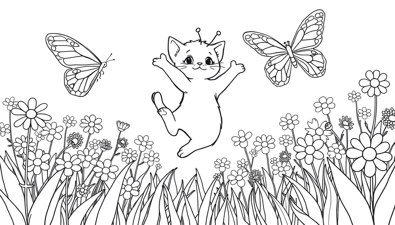 Placa de color de un gatito saltando entre flores y mariposas.