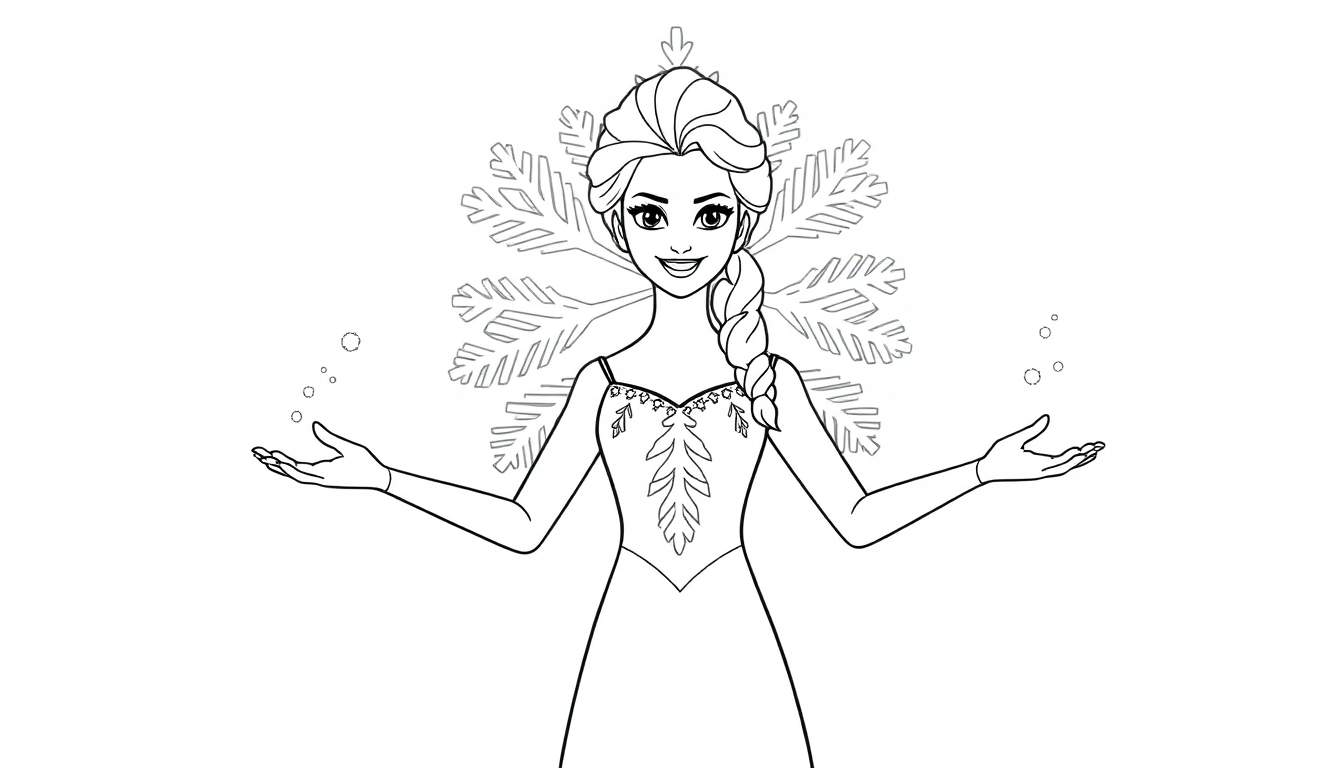 Dibujo para colorear de Elsa de Frozen creando un copo de nieve gigante en una placa de color.