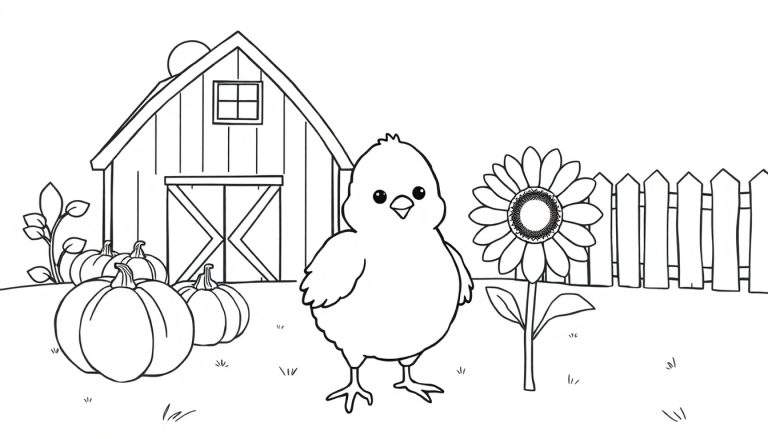 Un pollito lindo parado frente a una página para colorear en blanco y negro de una granja con calabazas y un girasol.