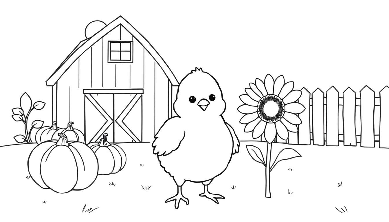 Un pollito lindo parado frente a una página para colorear en blanco y negro de una granja con calabazas y un girasol.