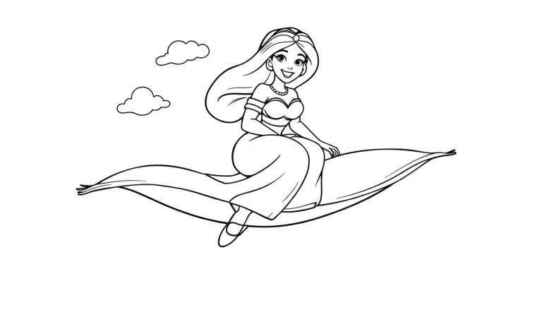 Página para colorear de la princesa Jasmine en una alfombra mágica, lista para colorear.