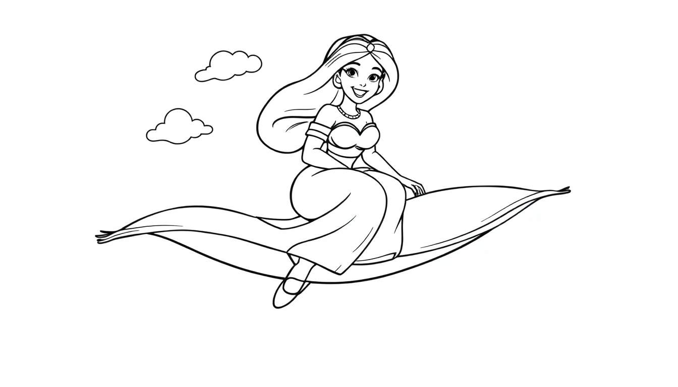 Página para colorear de la princesa Jasmine en una alfombra mágica, lista para colorear.