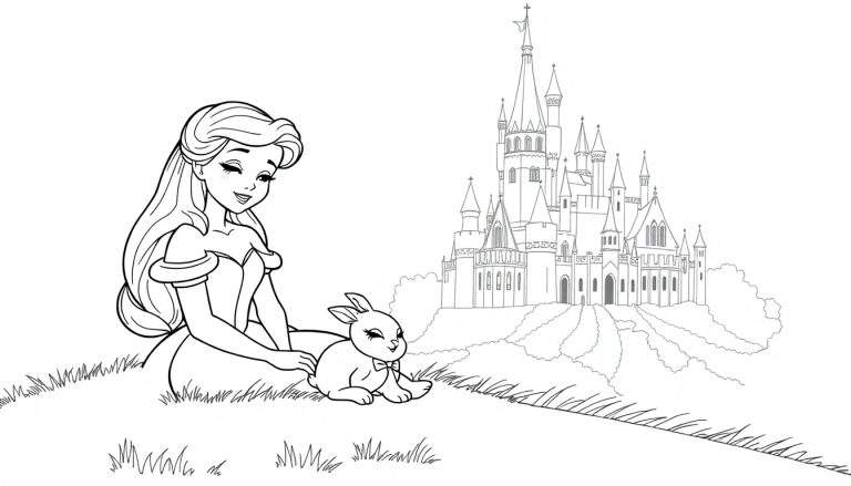 Placa de color de una princesa y un conejo frente a un castillo.