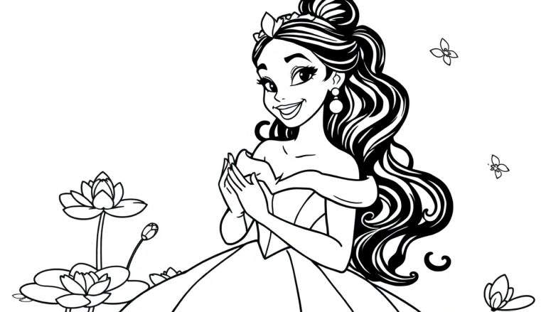 Página para colorear de Tiana en su vestido de gala, con flores de loto y mariposas, lista para ser llenada con colores.