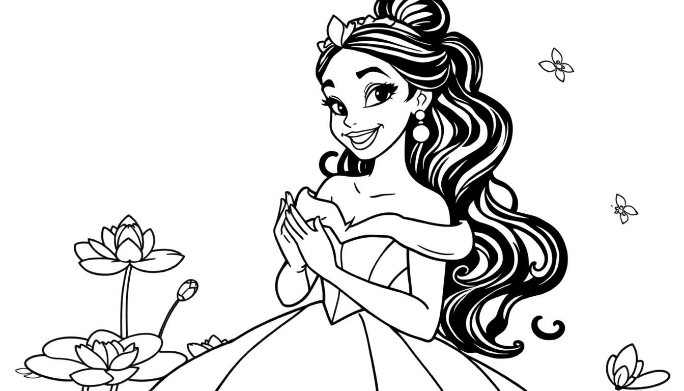 Página para colorear de Tiana en su vestido de gala, con flores de loto y mariposas, lista para ser llenada con colores.