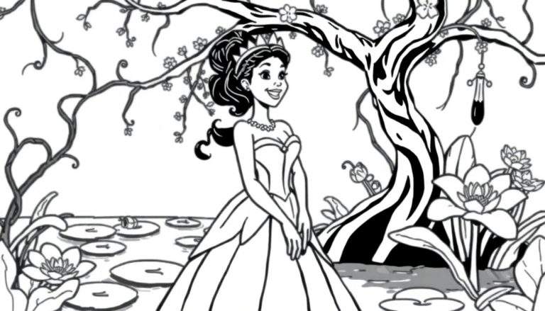 Placa de color: Princesa Tiana sonriendo en un pantano mágico con un árbol floral y nenúfares.