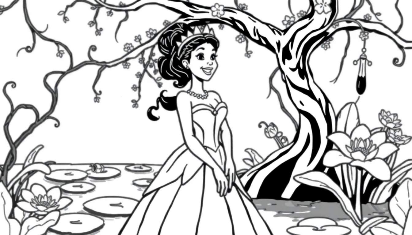 Placa de color: Princesa Tiana sonriendo en un pantano mágico con un árbol floral y nenúfares.