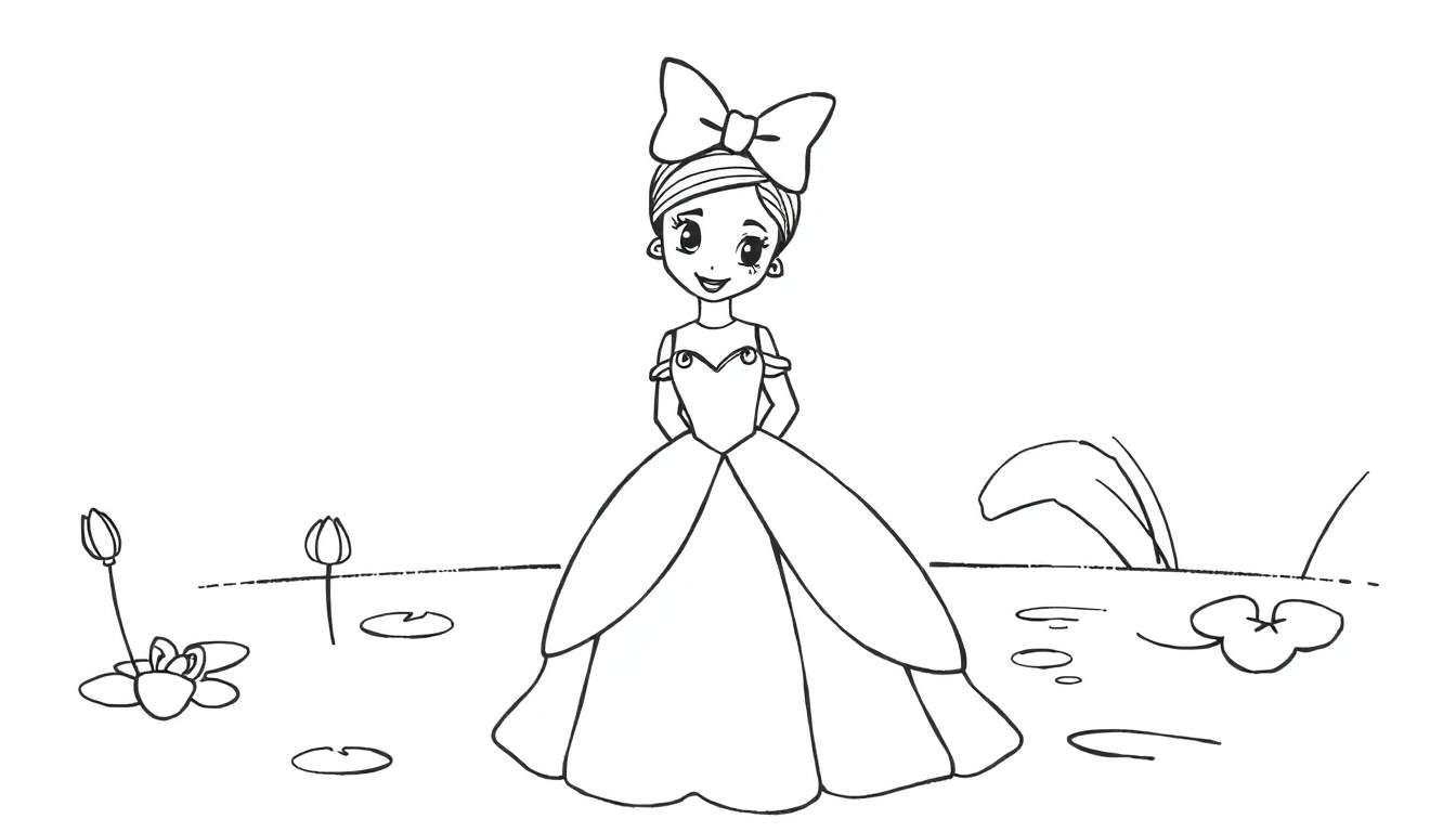 Placa de color de Tiana con vestido de princesa y lazo.