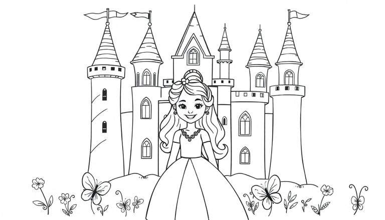 Dibujo lineal de una princesa sonriente con tiara y vestido largo, frente a un castillo mágico con torres y ventanas. Mariposas y flores en primer plano. Página para colorear en blanco y negro.