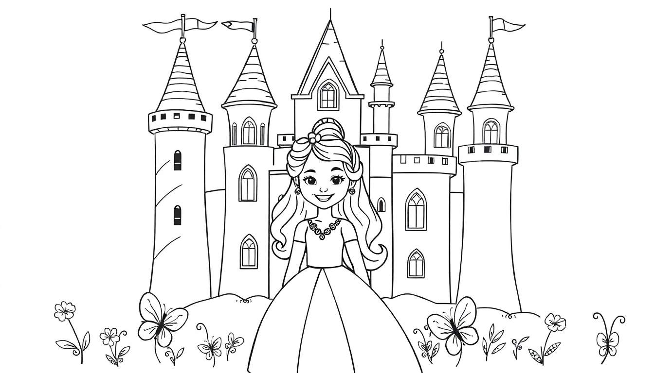 Dibujo lineal de una princesa sonriente con tiara y vestido largo, frente a un castillo mágico con torres y ventanas. Mariposas y flores en primer plano. Página para colorear en blanco y negro.