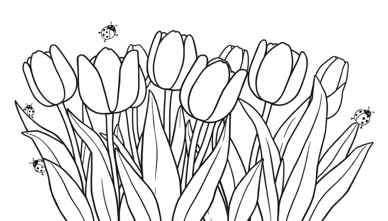 Página para colorear de tulipanes y mariquitas. Una placa de color para disfrutar.