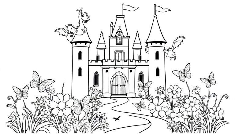 Una placa de color de un castillo de fantasía con dragones, flores y mariposas.