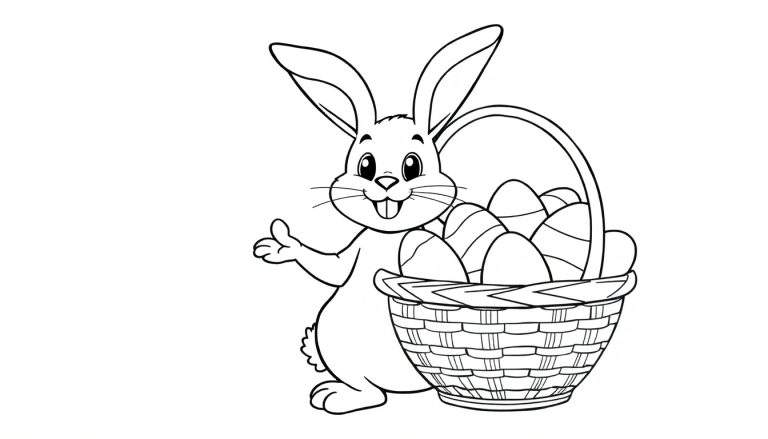 Placa de color con un dibujo de un conejito de Pascua sonriente con una canasta de huevos de Pascua.