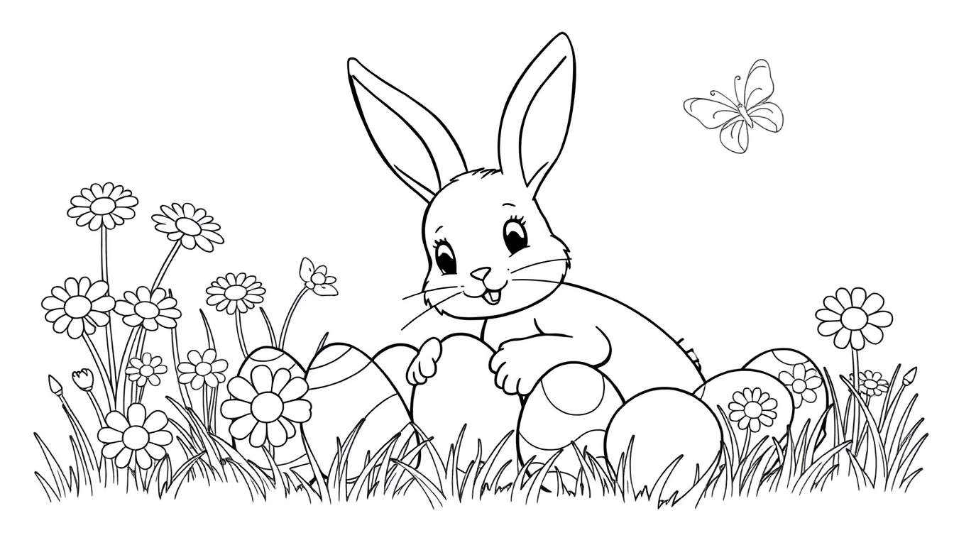 Dibujo en blanco y negro de un conejito de Pascua sentado sobre huevos de Pascua en un campo con flores y hierba.