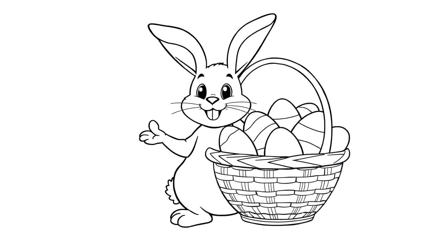 Placa de color con un dibujo de un conejito de Pascua sonriente con una canasta de huevos de Pascua.