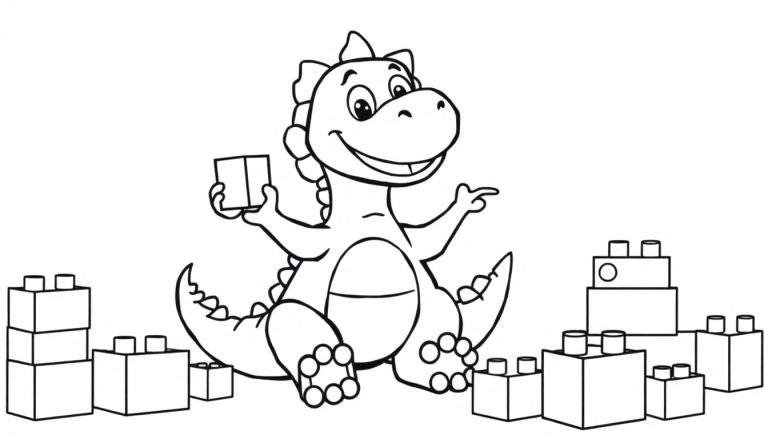 Un simpático dinosaurio con bloques de construcción de colores, aprendiendo a sumar.
