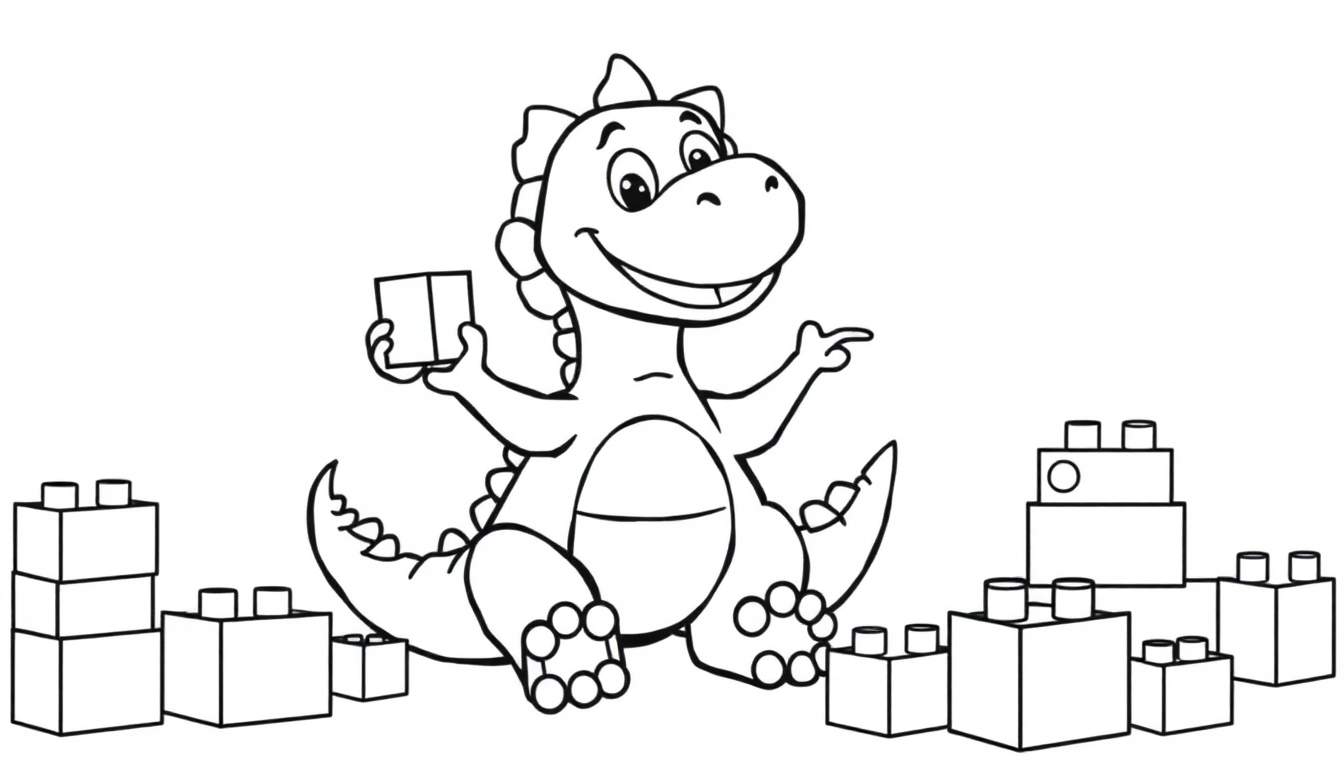 Un simpático dinosaurio con bloques de construcción de colores, aprendiendo a sumar.