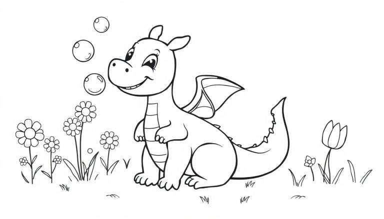 Un dragón bebé de dibujos animados sonriendo y soplando burbujas de colores en un prado con flores, listo para colorear con su contorno negro.