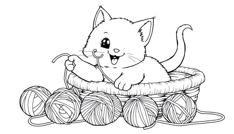 Dibujo de gato juguetón en cesta con ovillos de lana, listo para colorear. Una placa de color imaginaria para crear.