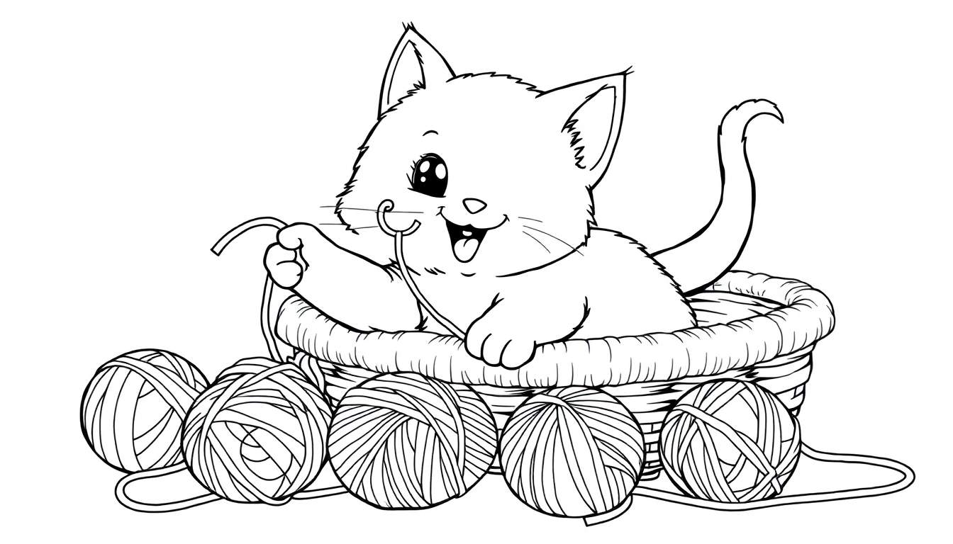 Dibujo de gato juguetón en cesta con ovillos de lana, listo para colorear. Una placa de color imaginaria para crear.