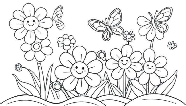 Placa de jardín para colorear con flores felices y mariposas.