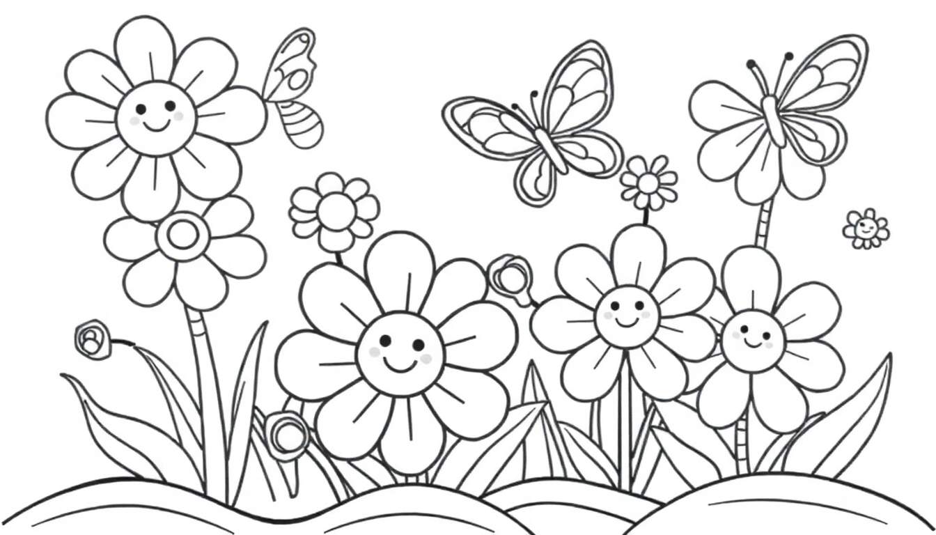 Placa de jardín para colorear con flores felices y mariposas.