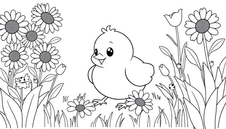 Placa de color de un pollito sonriente en un campo de flores.