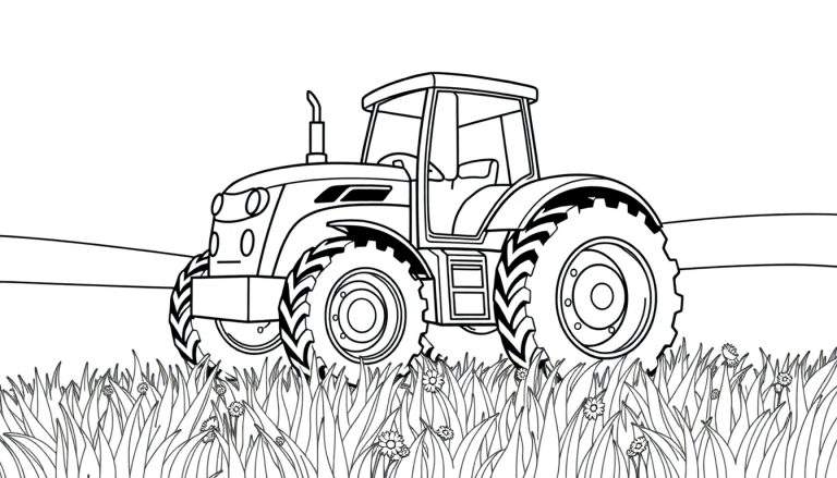Tractor de granja en blanco y negro para colorear, con campo y flores.