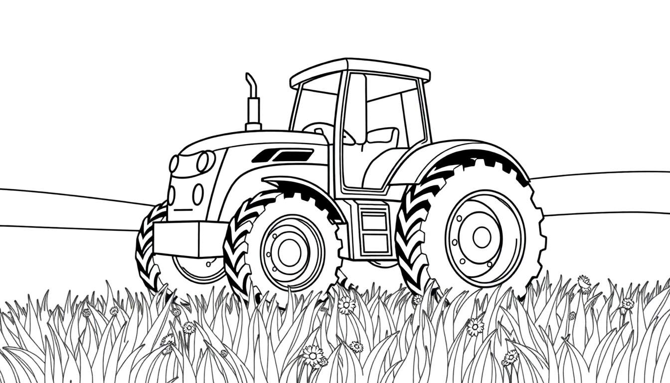 Tractor de granja en blanco y negro para colorear, con campo y flores.