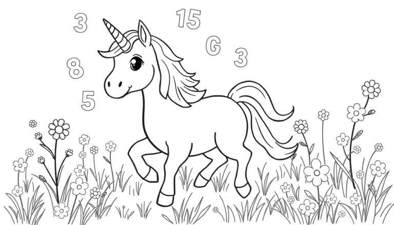 Placa de color de un unicornio mágico con números y letras flotando a su alrededor entre flores.