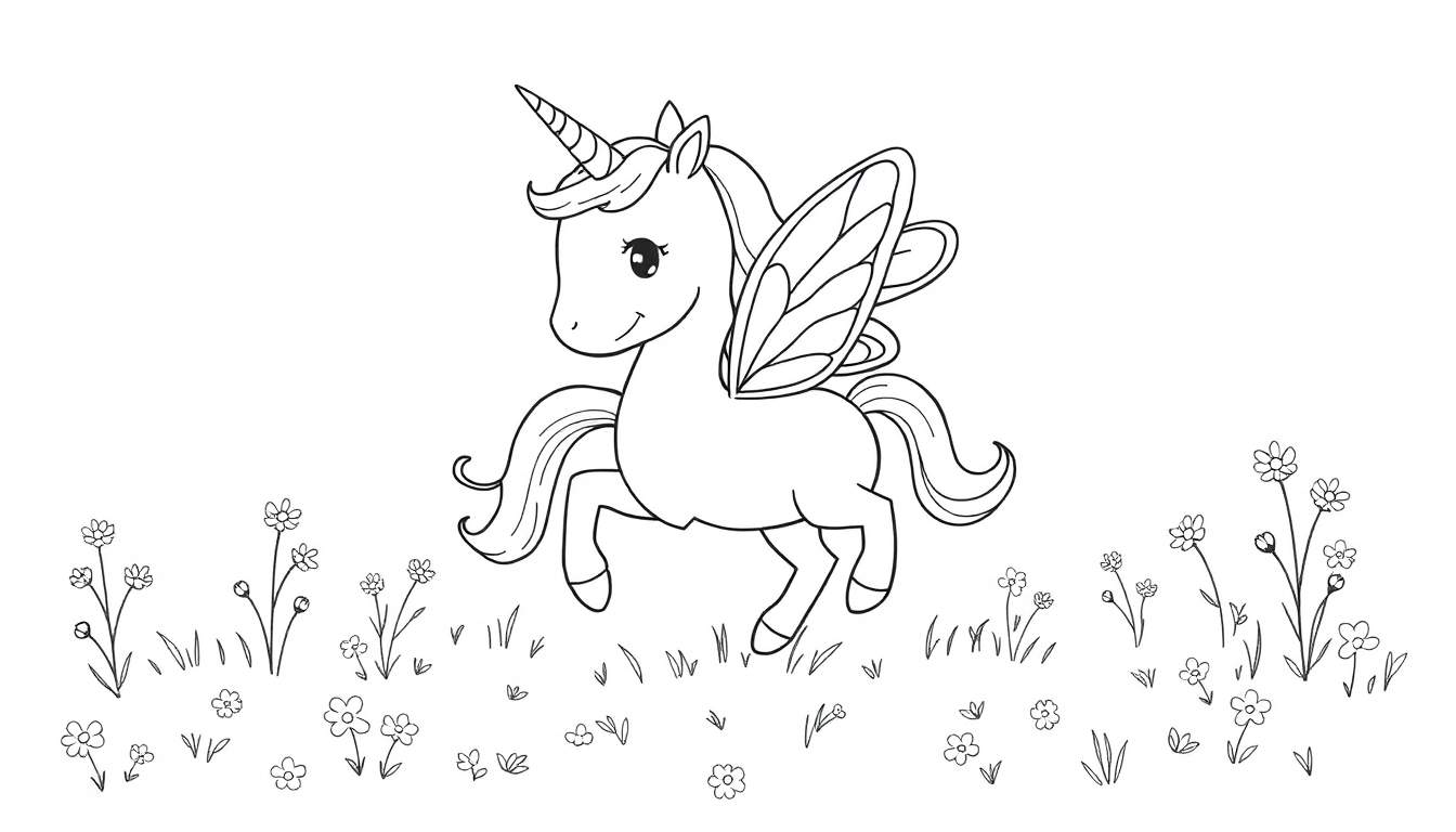 Placa de color de un unicornio con alas de mariposa y cuerno en espiral.