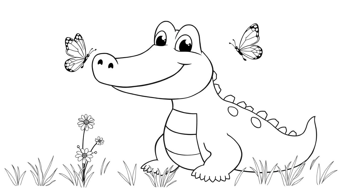 Cocodrilo amigable para colorear con placas en la espalda y mariposas cerca.