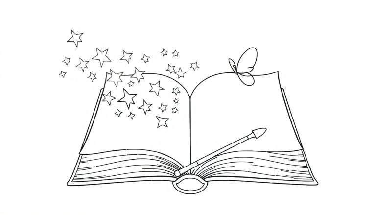 Libro mágico abierto con estrellas y una varita de hadas para colorear, una placa de color.
