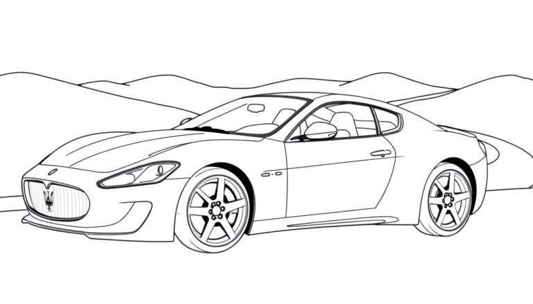 Página para colorear de un coche Maserati GranTurismo listo para la aventura, con la placa de color en blanco y negro esperando ser rellenada.