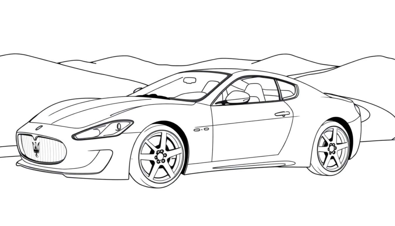 Página para colorear de un coche Maserati GranTurismo listo para la aventura, con la placa de color en blanco y negro esperando ser rellenada.