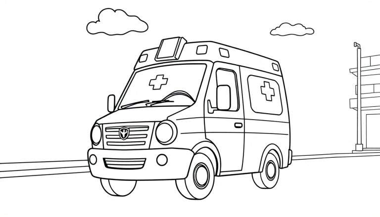 Dibujo para colorear de una ambulancia amigable con la placa de color visible, lista para ayudar en una ciudad soleada.