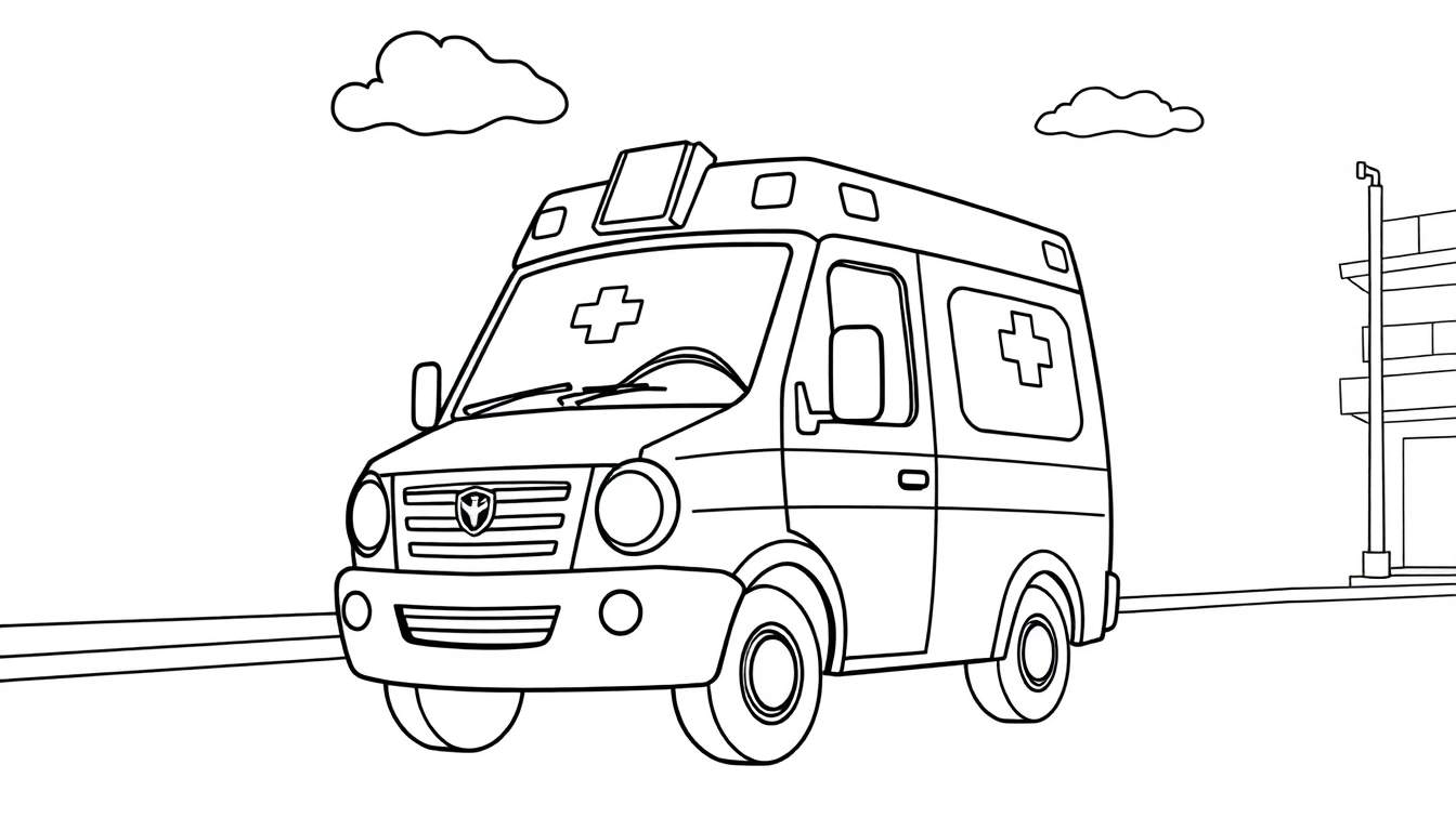 Dibujo para colorear de una ambulancia amigable con la placa de color visible, lista para ayudar en una ciudad soleada.