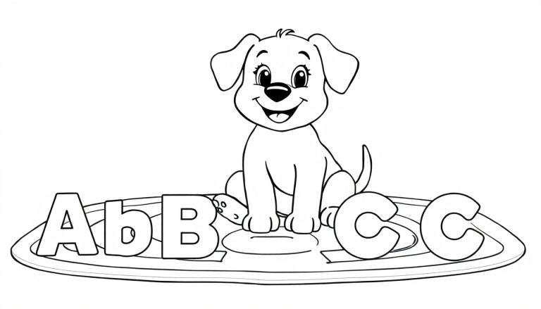 Un cachorro de dibujos animados sentado sobre una placa de color con letras.
