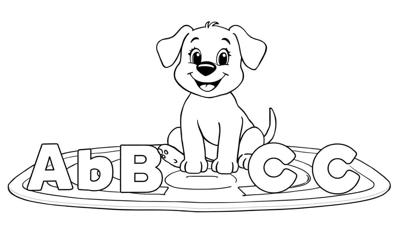 Un cachorro de dibujos animados sentado sobre una placa de color con letras.