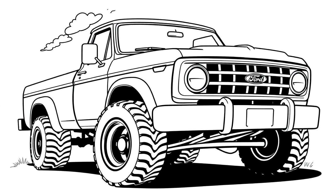 Una camioneta Ford lista para colorear, con la palabra 'placa de color' escrita encima.