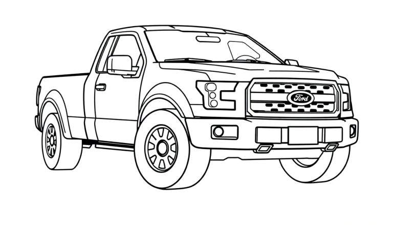 Camioneta Ford F-150 para colorear, un dibujo lineal en blanco y negro con espacio para tu placa de color favorita.