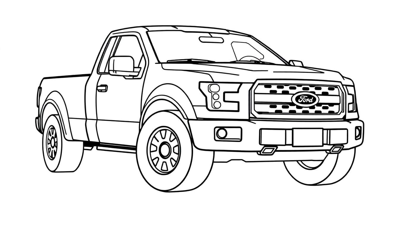 Camioneta Ford F-150 para colorear, un dibujo lineal en blanco y negro con espacio para tu placa de color favorita.