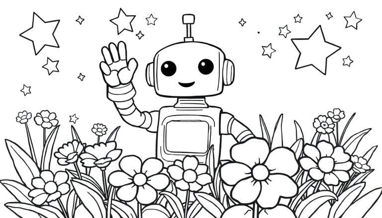 Robot saludando en un jardín lleno de flores, página para colorear de placa de color.