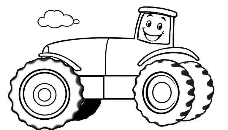Un tractor sonriente listo para colorear con una placa de color.