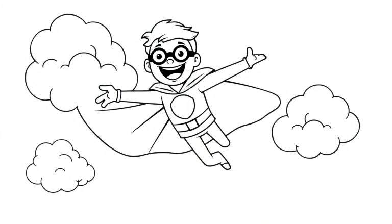 Un superhéroe joven y sonriente vuela entre nubes con su capa ondeando, listo para una aventura.