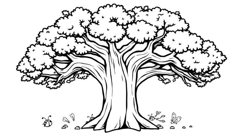 Un árbol amigable con ramas para colorear, listo para que los niños le den vida con sus lápices de colores. Es una placa de color.