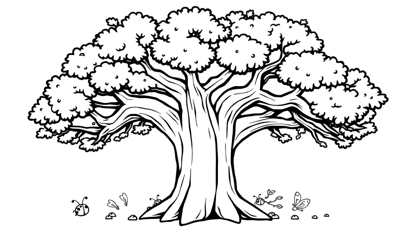 Un árbol amigable con ramas para colorear, listo para que los niños le den vida con sus lápices de colores. Es una placa de color.
