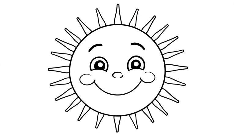 Un dibujo lineal de un sol sonriente con rayos, listo para colorear. Placa de color.