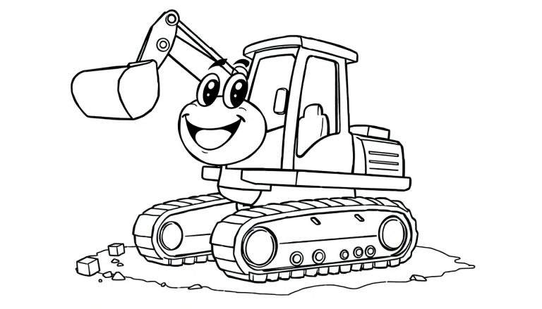 Una excavadora de dibujos animados amigable, lista para la construcción, en blanco y negro para colorear.